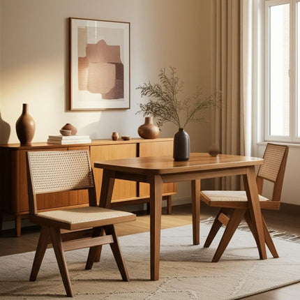 Set of Two Natural Solid Wood and Rattan Open Back Dining Side Chairs