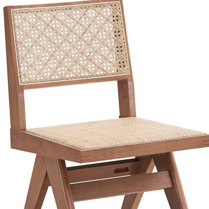 Set of Two Natural Solid Wood and Rattan Open Back Dining Side Chairs