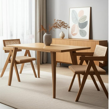 Set of Two Natural Solid Wood and Rattan Open Back Dining Arm Chairs