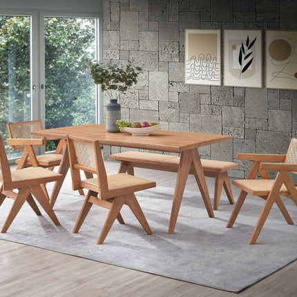 Set of Two Natural Solid Wood and Rattan Open Back Dining Arm Chairs