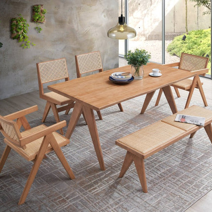 Set of Two Natural Solid Wood and Rattan Open Back Dining Arm Chairs