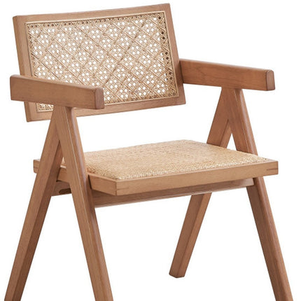 Set of Two Natural Solid Wood and Rattan Open Back Dining Arm Chairs