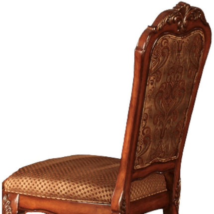 Set of Two Tan and Redwood Fabric Dining Side Chairs
