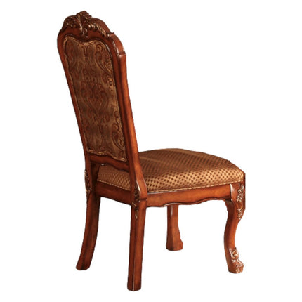 Set of Two Tan and Redwood Fabric Dining Side Chairs