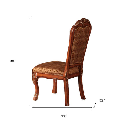 Set of Two Tan and Redwood Fabric Dining Side Chairs