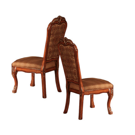 Set of Two Tan and Redwood Fabric Dining Side Chairs