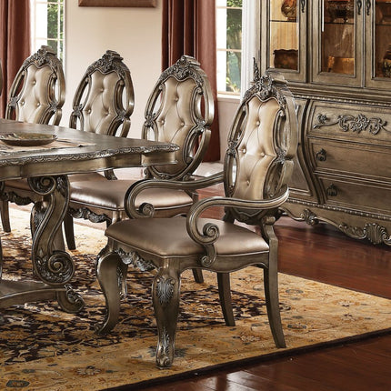 Set of Two Tufted Oak Upholstered Faux Leather And Solid Wood Dining Arm Chairs