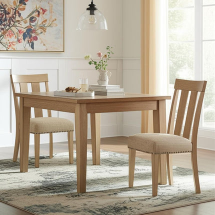 Set of Two Natural and Brown Upholstered Fabric And Solid Wood Slat Back Dining Side Chairs