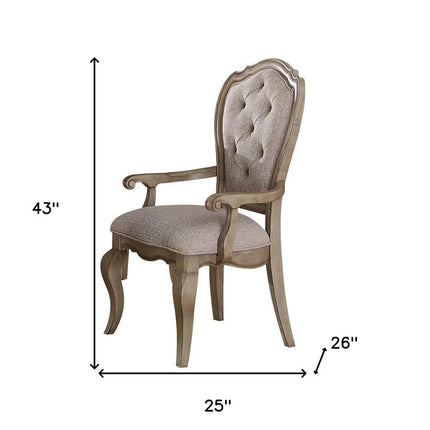 Set of Two Tufted Beige and Taupe Upholstered Fabric And Solid Wood Dining Arm Chairs