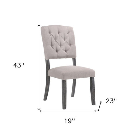 Set of Two Tufted Gray Upholstered Linen And Solid Wood Open Back Dining Side Chairs
