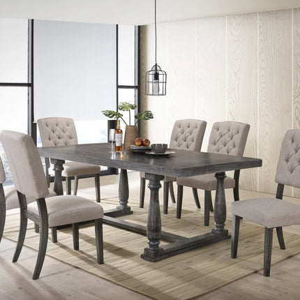 Set of Two Tufted Gray Upholstered Linen And Solid Wood Open Back Dining Side Chairs