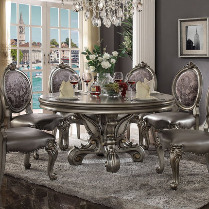 Set of Two Silver and Platinum Upholstered Faux Leather And Solid Wood King Louis Back Dining Side Chairs