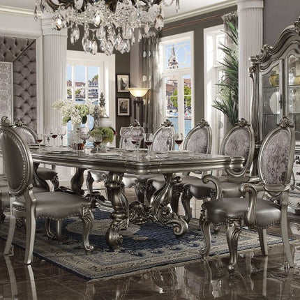 Set of Two Silver and Platinum Upholstered Faux Leather And Solid Wood King Louis Back Dining Side Chairs