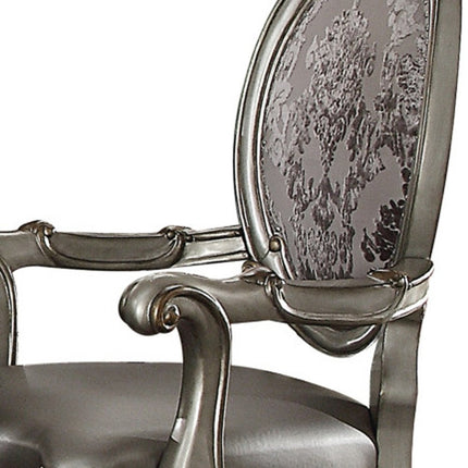 Set of Two Silver and Platinum Faux Leather King Louis Back Dining Arm Chairs