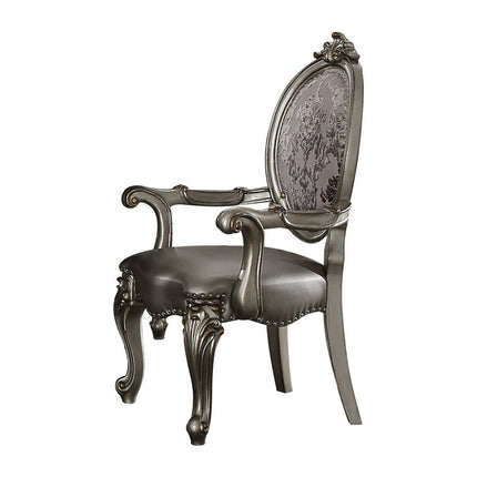 Set of Two Silver and Platinum Faux Leather King Louis Back Dining Arm Chairs