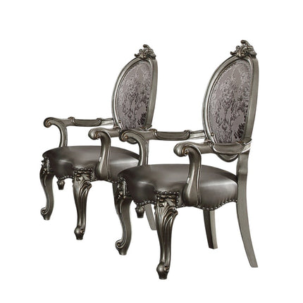 Set of Two Silver and Platinum Faux Leather King Louis Back Dining Arm Chairs