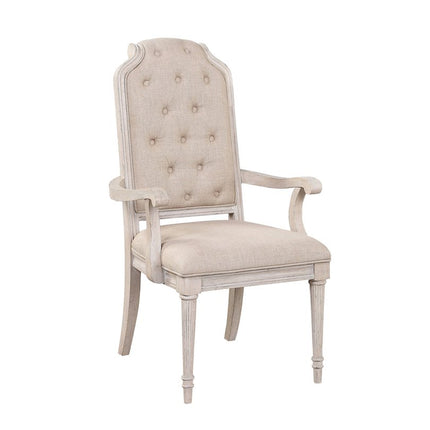Set of Two Tufted Antiqued White and Champagne Upholstered Fabric And Solid Wood Dining Arm Chairs