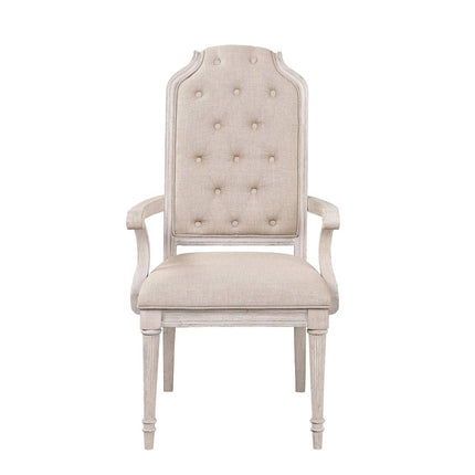 Set of Two Tufted Antiqued White and Champagne Upholstered Fabric And Solid Wood Dining Arm Chairs
