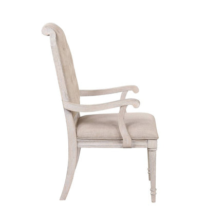Set of Two Tufted Antiqued White and Champagne Upholstered Fabric And Solid Wood Dining Arm Chairs