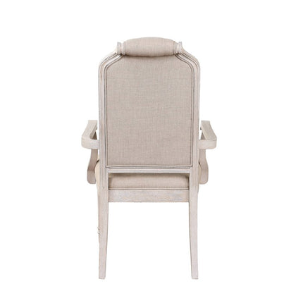 Set of Two Tufted Antiqued White and Champagne Upholstered Fabric And Solid Wood Dining Arm Chairs