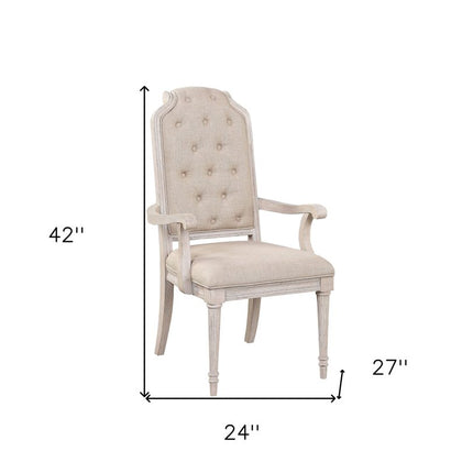 Set of Two Tufted Antiqued White and Champagne Upholstered Fabric And Solid Wood Dining Arm Chairs
