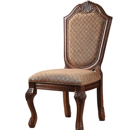 Set of Two Tan and Redwood Fabric Dining Side Chairs