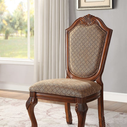 Set of Two Tan and Redwood Fabric Dining Side Chairs