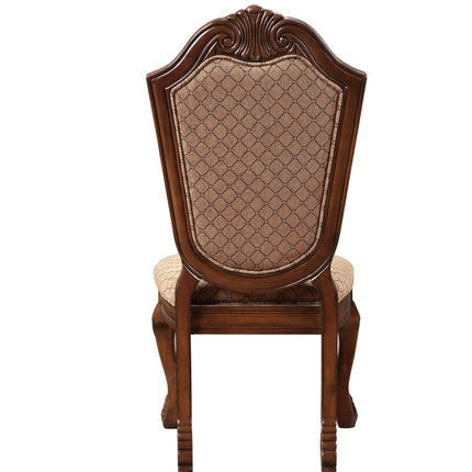 Set of Two Tan and Redwood Fabric Dining Side Chairs