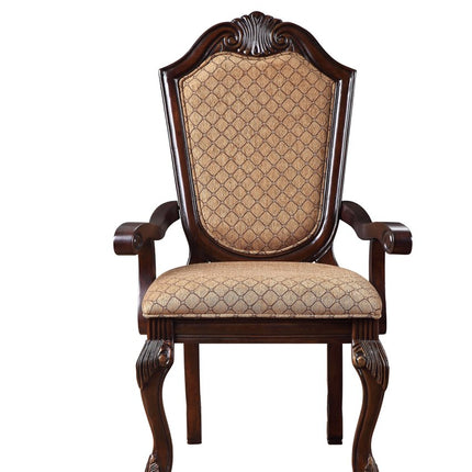 Set of Two Tan and Espresso Fabric Dining Arm Chairs