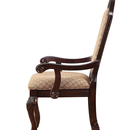 Set of Two Tan and Espresso Fabric Dining Arm Chairs