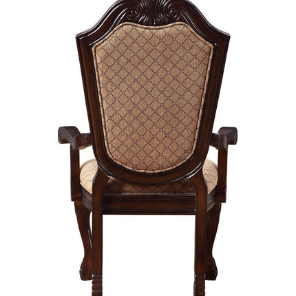 Set of Two Tan and Espresso Fabric Dining Arm Chairs