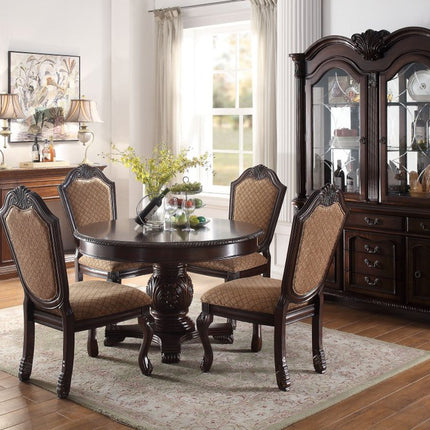 Set of Two Tan and Espresso Fabric Dining Arm Chairs