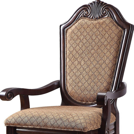 Set of Two Tan and Espresso Fabric Dining Arm Chairs