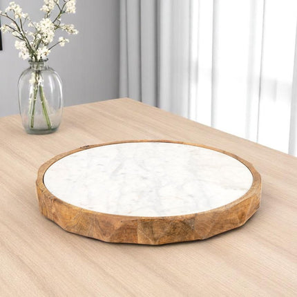 15" Brown And White Marble And Solid Wood Round Cheese Board