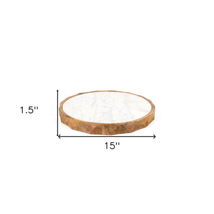 15" Brown And White Marble And Solid Wood Round Cheese Board