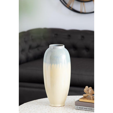 16" Blue And Cream Reactive Glaze Ceramic Cylinder Table Vase