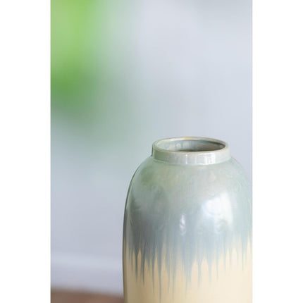 16" Blue And Cream Reactive Glaze Ceramic Cylinder Table Vase