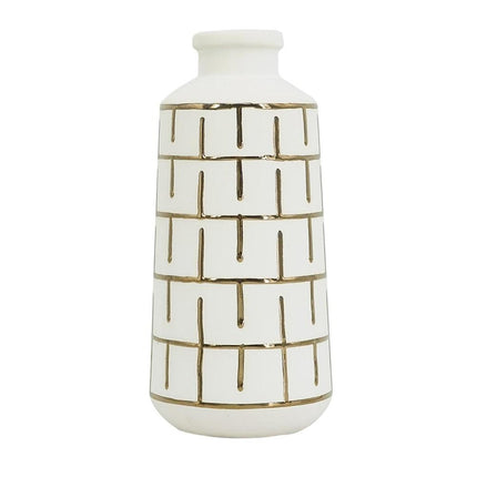 12" Ivory And Gold Geometric Cylindrical Ceramic Table Vase