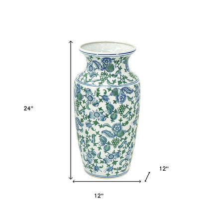 24" White Blue And Green And White Chinoiserie Porcelain Table Vase