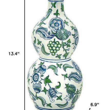 13" White Blue And Green Chinoiserie Porcelain Wavy Gourd Table Vase