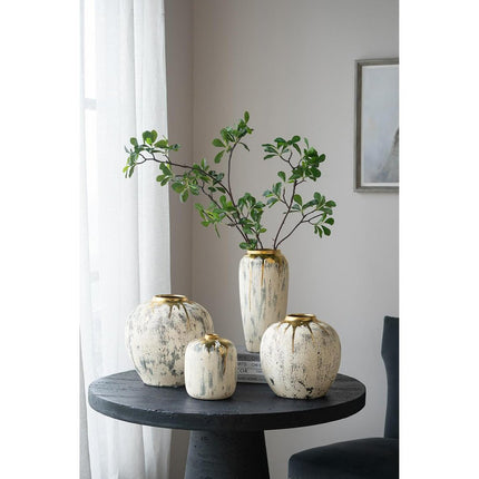 14" Gray Ivory And Gold Modern Abstract Ceramic Table Vase