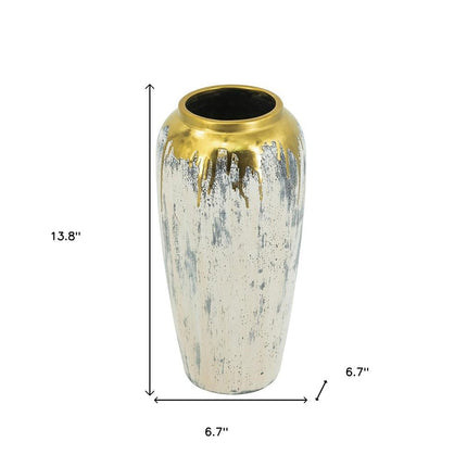 14" Gray Ivory And Gold Modern Abstract Ceramic Table Vase