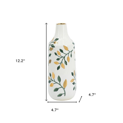 12" White Green And Gold Floral Leaf Bud Ceramic Table Vase