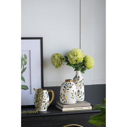 12" White Green And Gold Floral Leaf Bud Ceramic Table Vase