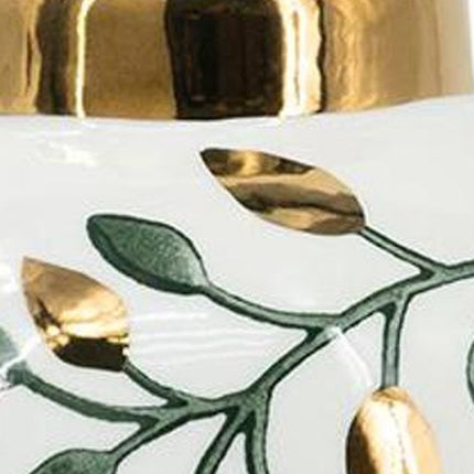 9" White Green And Gold Leaf Round Ceramic Table Vase