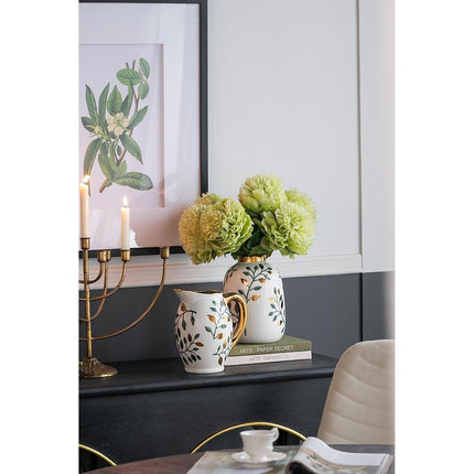 9" White Green And Gold Leaf Round Ceramic Table Vase