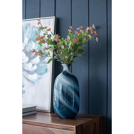 16" Blue And White Striped Swirl Art Glass Table Vase