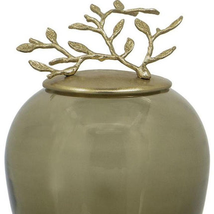 14" Dark Green And Gold Glass And Metal Round Ginger Jar