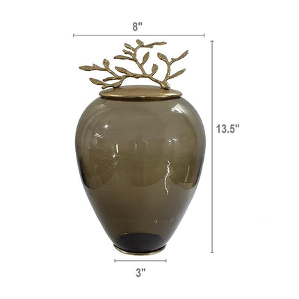14" Dark Green And Gold Glass And Metal Round Ginger Jar