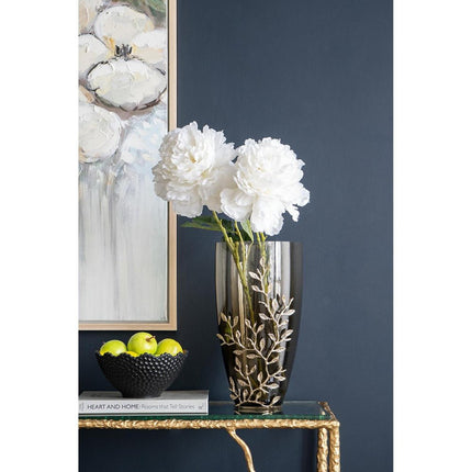 15" Dark Olive Green And Gold Branch Patterned Glass And Aluminum Table Vase